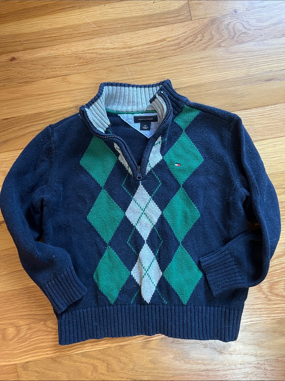 Tommy Hilfiger Navy, Green & Gray Argyle Half-Zip Sweater